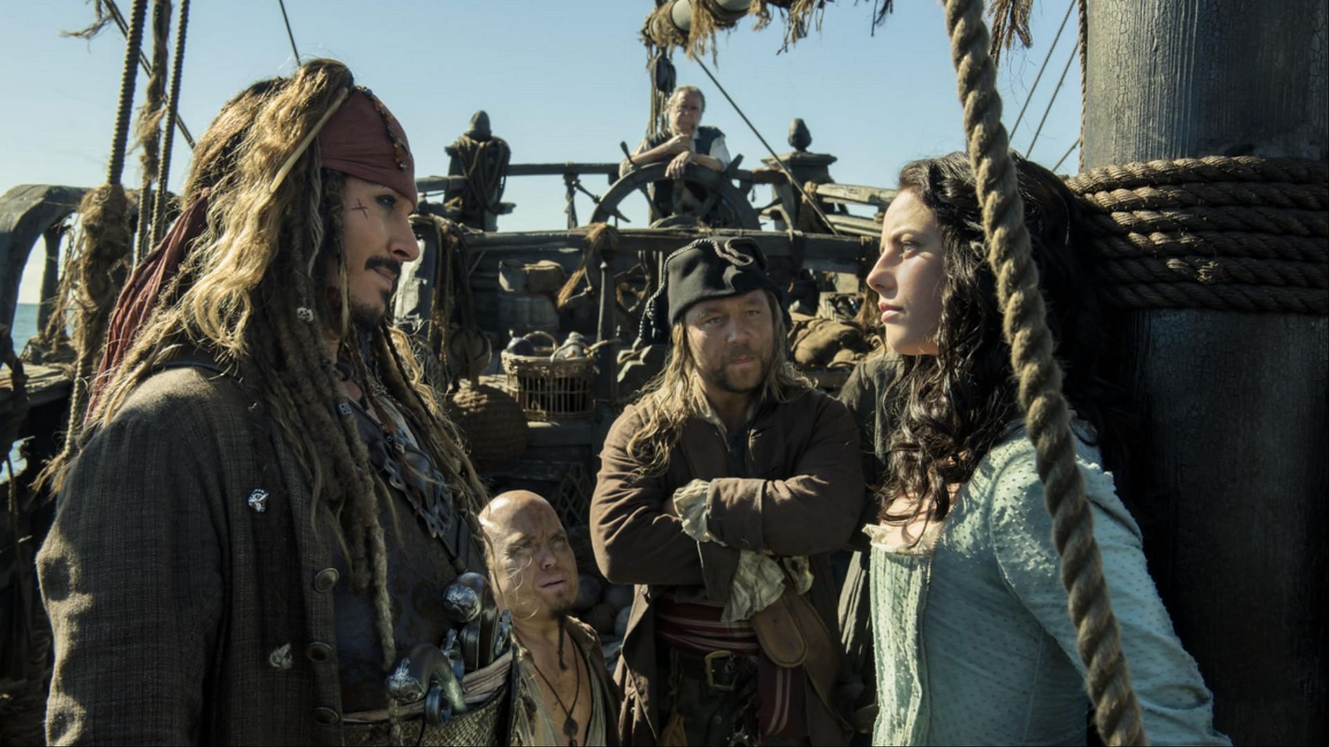 Captain Jack Sparrow faces off with Carina Smyth aboard the Black Pearl in a scene from Dead Men Tell No Tales, highlighting returning characters fans hope to see in Pirates of the Caribbean 6. (Image via Disney)